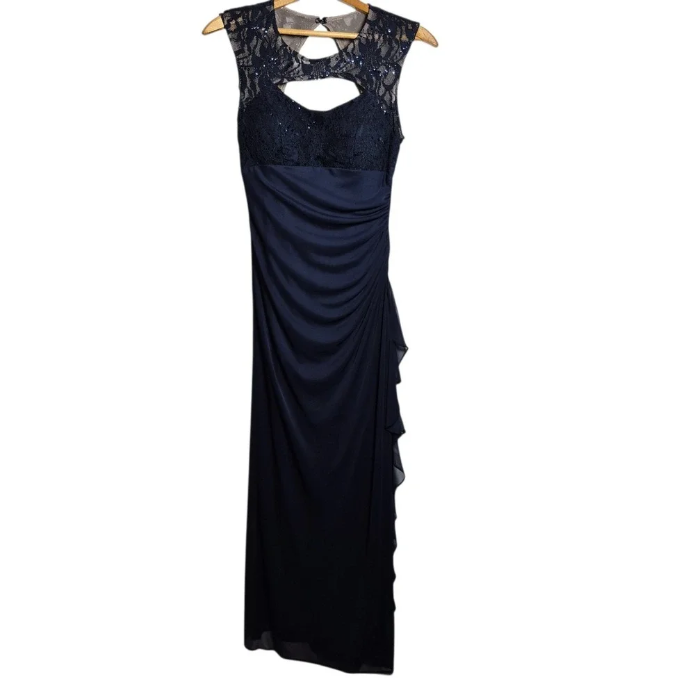 Navy Blue Formal Betsy & Adam Dress Size 6 Lace Sequin‎ Cutout Ruched Gown
